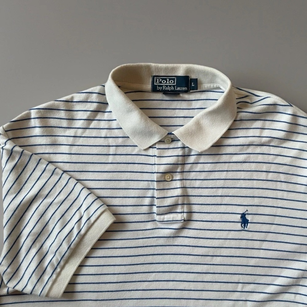 Polo by Ralph Lauren White and Blue Striped Polo Shirt Large